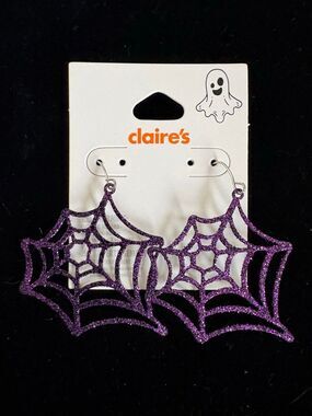NWT Claire's Purple Glitter Spiderweb Dangle Earrings Halloween Costume